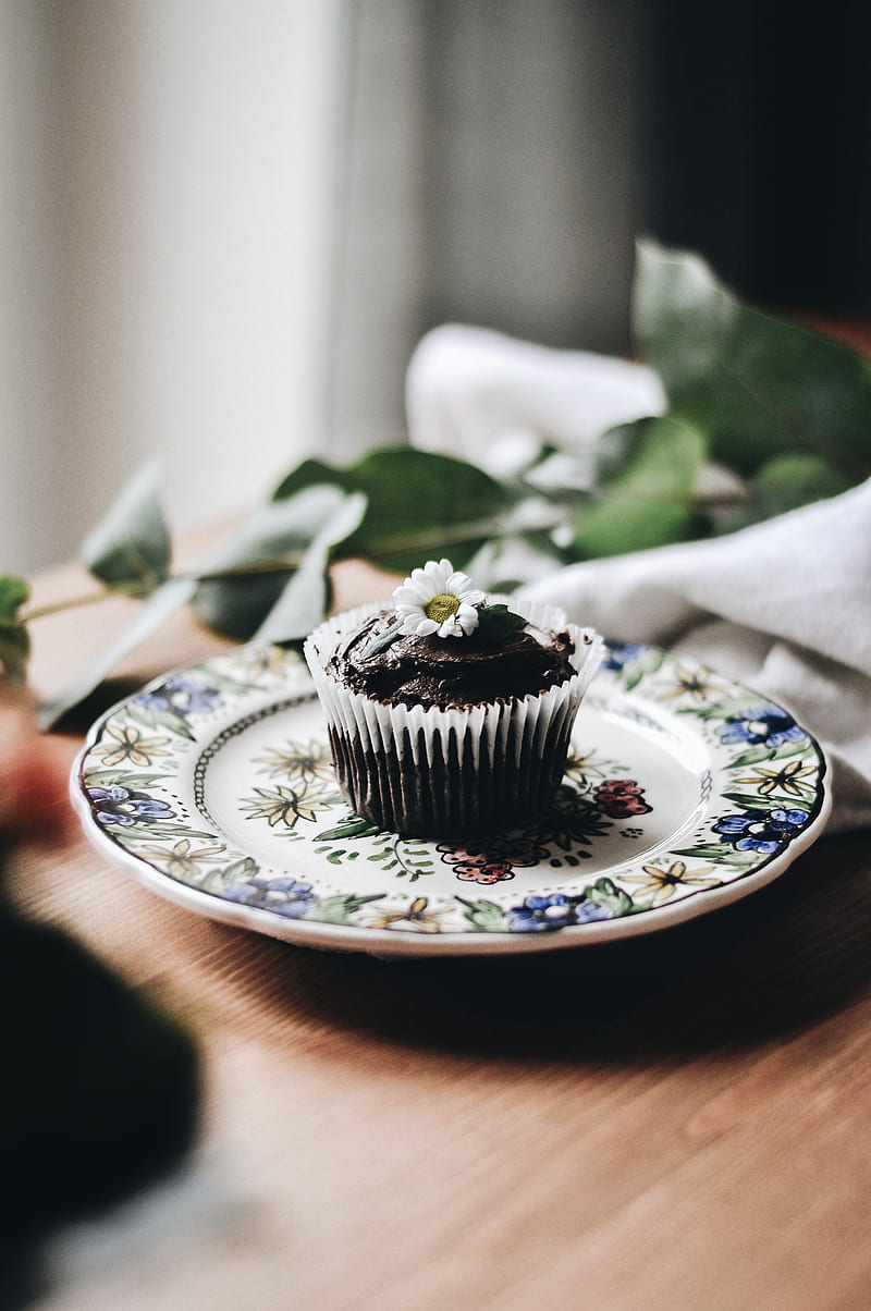 cupcake, muffin, pastries, chocolate, chamomile, flower, plate, HD phone wallpaper