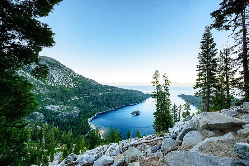 Lake Tahoe, Mountain lake, mountains, forest, USA, California, HD wallpaper