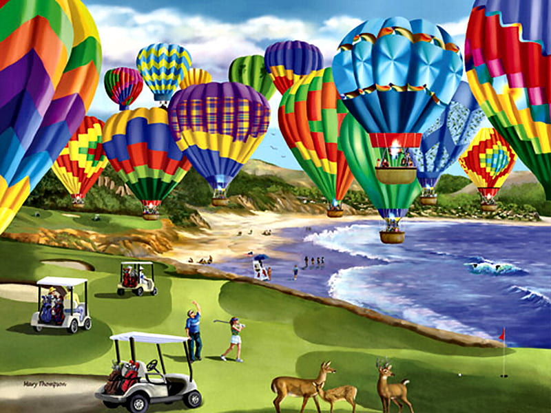 Soaring Colors F2, art, lake, artwork, deer, thompson, skyscape, water, golfers, balloons, painting, scenery, mary thompson, HD wallpaper