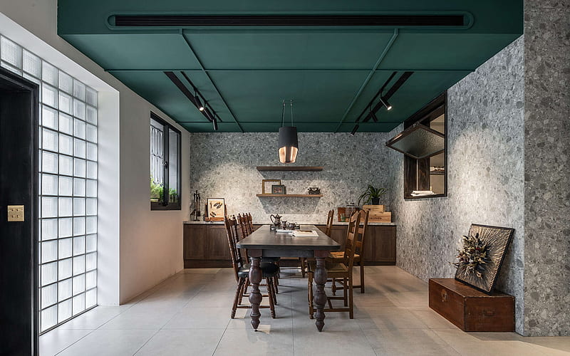 kitchen, loft style, modern interior design, ideas for the kitchen, gray stone wall in the kitchen, stylish interior design, green ceiling in the kitchen, HD wallpaper