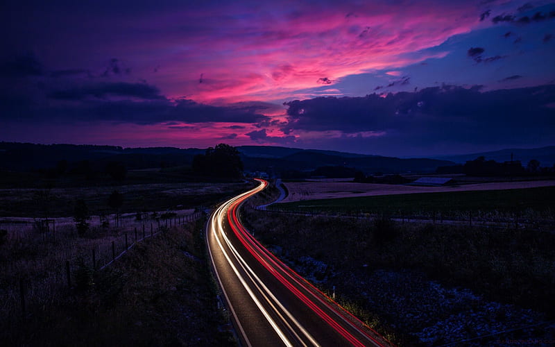 Landscape, traffic, sunset, road, clouds, street, HD wallpaper