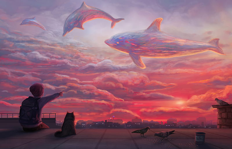 Dolphins Sky Clouds , dolphin, artist, artwork, digital-art, artstation, HD wallpaper