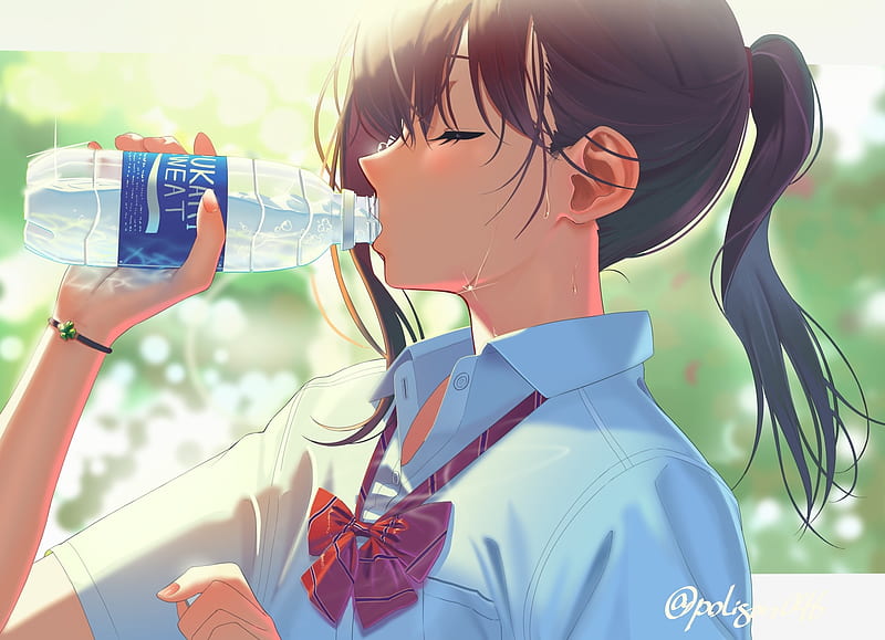 anime school girl, drinking water, closed eyes, brown hair, school uniform, Anime, HD wallpaper