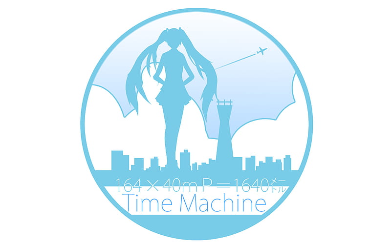 Hatsune Miku - Time Machine, hatsune miku, emblem, clouds, city, anime, tower, vocaloids, blue, vocaloid, giant, twintail, buildings, skirt, miku, sky, hatsune, airplane, cool, awesome, white, HD wallpaper