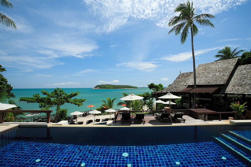 Summer, umbrellas, resort, view, trees, sky, pool, sea, water, chair