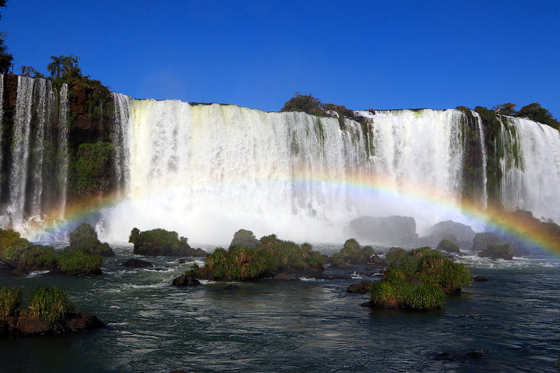 time-lapse graphy of a rainbow over a flowing waterfall, HD wallpaper