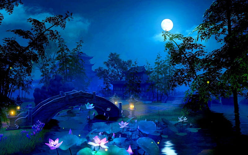 MOONLIGHT GARDEN, pond, moon, bridge, screenshot, game, lilies, HD wallpaper