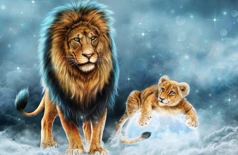 Celestial Lion and His Cub, stars, outer space, cub, celestial, clouds, sky, lion, lions, HD wallpaper