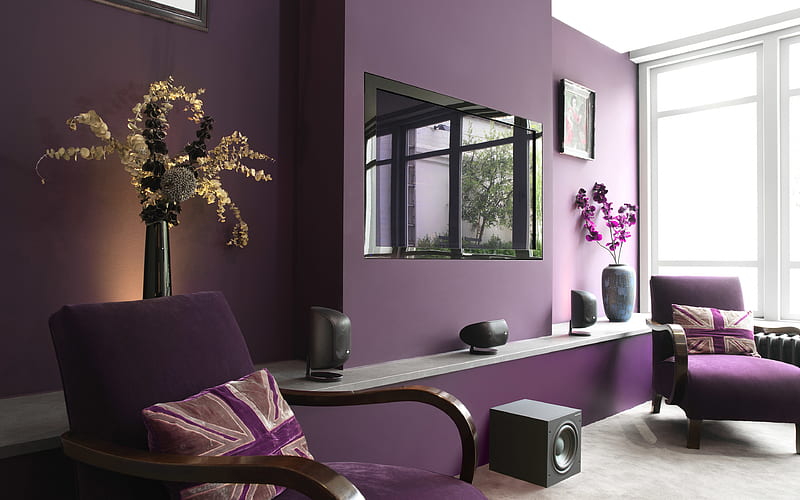 living room, purple room, modern apartment, purple armchairs, modern design, interior idea, HD wallpaper
