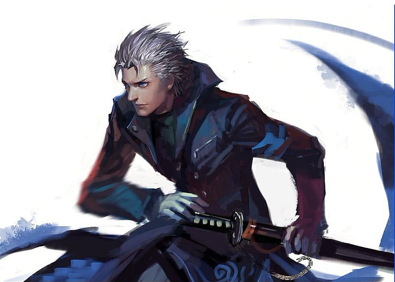 Vergil, games, male, white hair, video games, devil may cry, white background, trench coat, lone, katana, weapon, sword, dmc, HD wallpaper