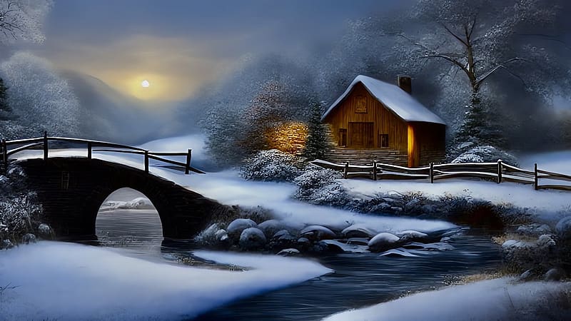 Evening winter landscape, erdo, esti, fak, patak, fagyos, teli, fahaz, taj, hidak, kod, havas, ho, HD wallpaper