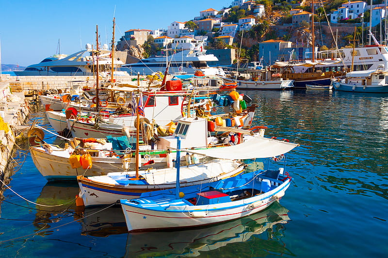 Santorini, houses, sailing, sky, clouds, sea, boats, boat, Greece, paradise, nature, sailboat, sailboats, HD wallpaper