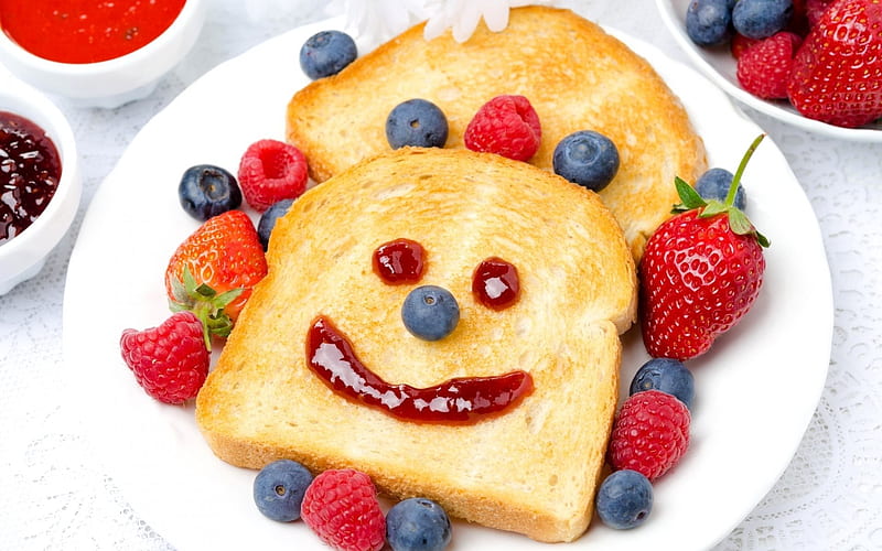 breakfast, toast, breads, fruit, strawberries, breakfast for children, blueberries, HD wallpaper
