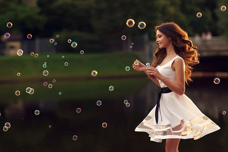 Pretty Model Blowing Bubbles, bubbles, brunette, dress, model, HD wallpaper