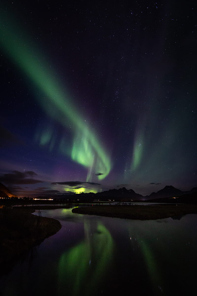 northern lights, aurora, mountains, night, starry sky, stars, HD phone wallpaper