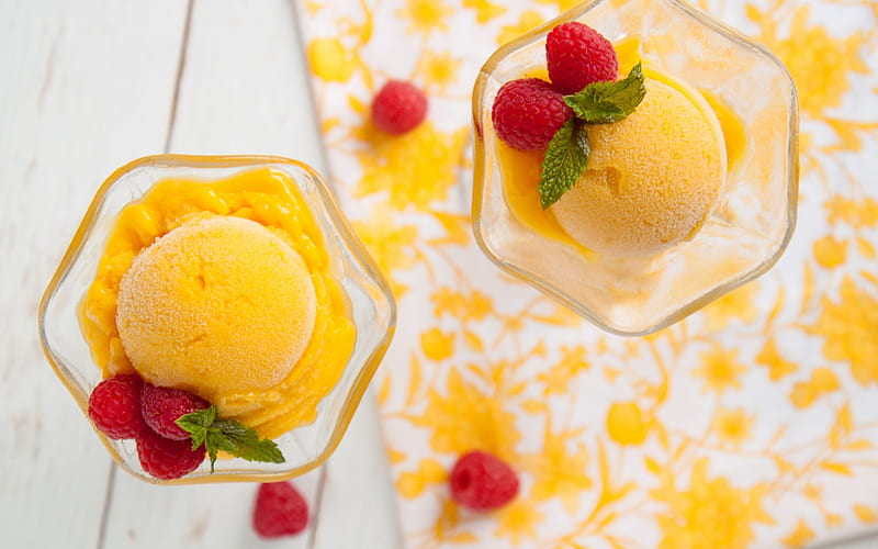 Ice cream, vara, food, summer, yellow, sweet, dessert, red, fruit, raspberry, HD wallpaper