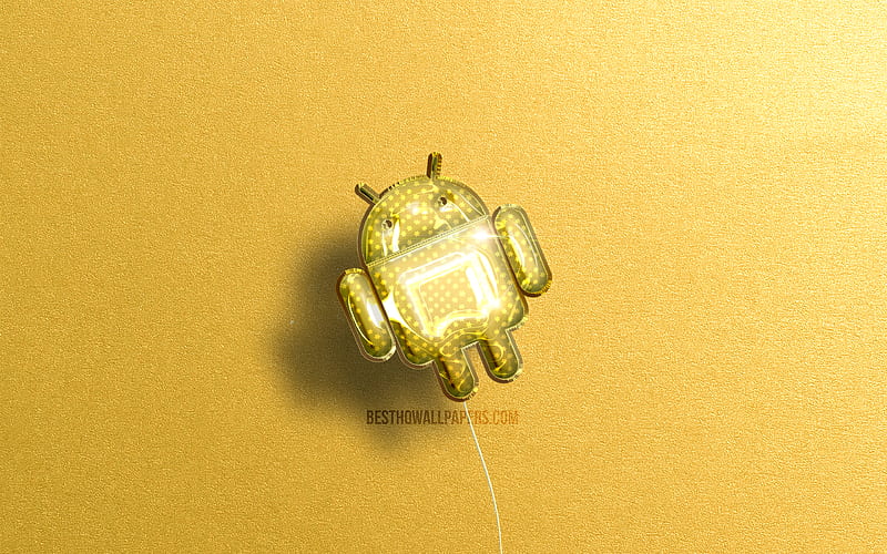 Android 3D logo, yellow realistic balloons OS, Android logo, yellow stone backgrounds, Android, HD wallpaper