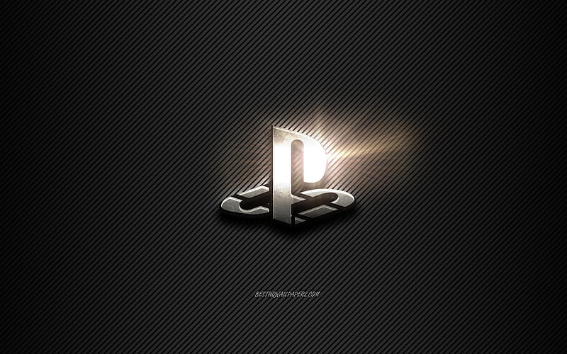 PS4 Metal logo, black lines background, black carbon background, PS4 logo, emblem, metal art, PS4, PlayStation, HD wallpaper