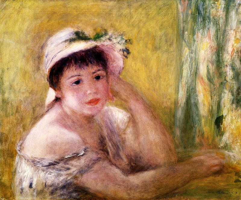 Pierre-Auguste Renoir ~ Woman with a Straw Hat, artist, art, woman with a straw hat, yellow, green, painting, - Pierre-Auguste Renoir, pink, Pierre-Auguste Renoir, HD wallpaper
