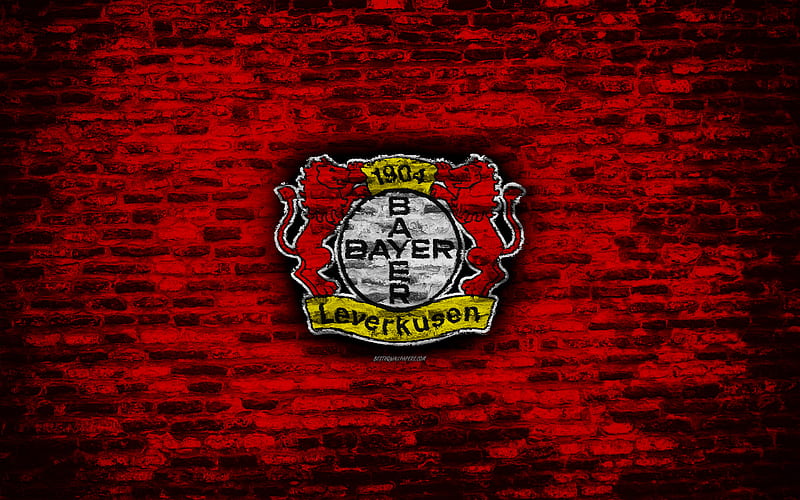 Bayer 04 Leverkusen FC, emblem, red brick wall, Bundesliga, logo, German football club, soccer, football, brick texture, Leverkusen, Germany, HD wallpaper