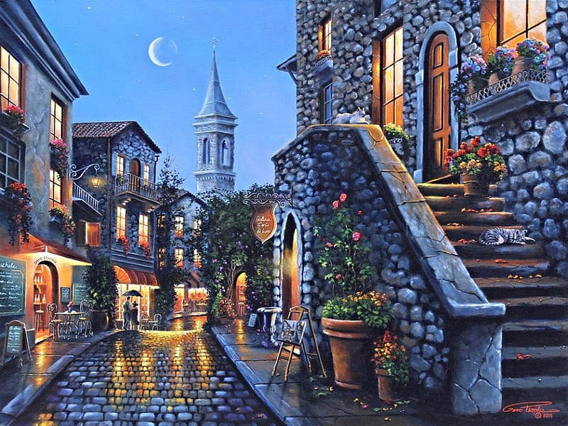 Old Stone Village, Cafe, Evening, homes, flowers, village, Painting, Street, HD wallpaper