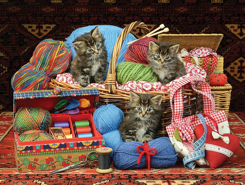 Kittens in the sewing basket, art, basket, painting, pictura, cat, pisici, kitren, HD wallpaper