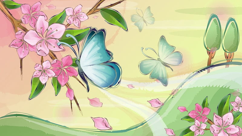 of Spring, hills, sakura, butterflies, spring, trees, apple blossoms, cherry blossoms, summer, flowers, HD wallpaper