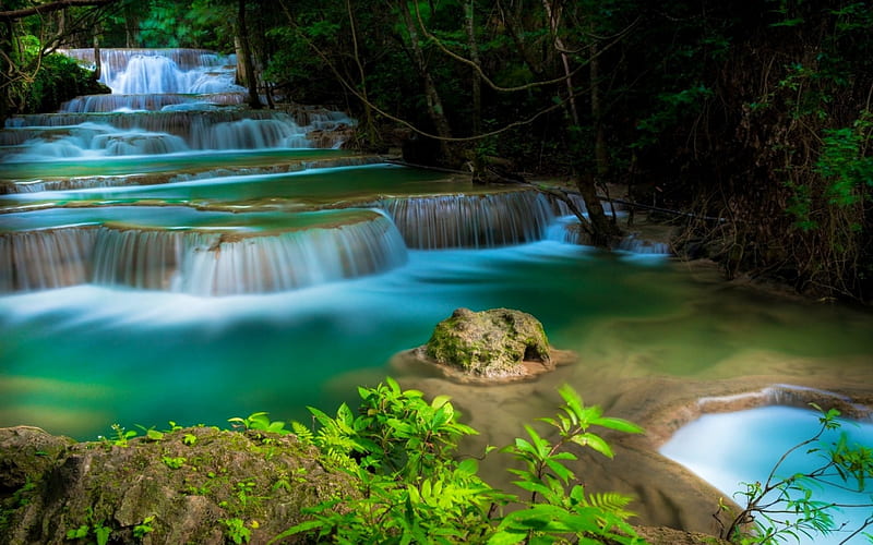 The Blue Falls, bonito, trees, shrubs, foliage, water, green, waterfall, tropical, rivers, blue, HD wallpaper