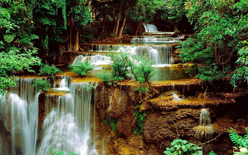 beautiful waterfall over sandstone steps, waterfall, forest, steps, sandstone, HD wallpaper