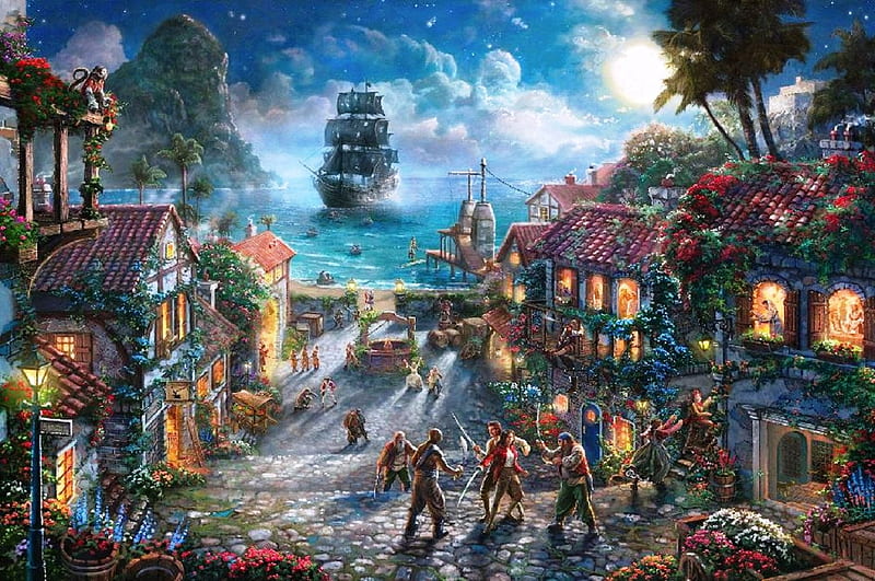 Pirates of the Caribbean, thomas kinkade, art, fantasy, painting, pictura, disney, HD wallpaper
