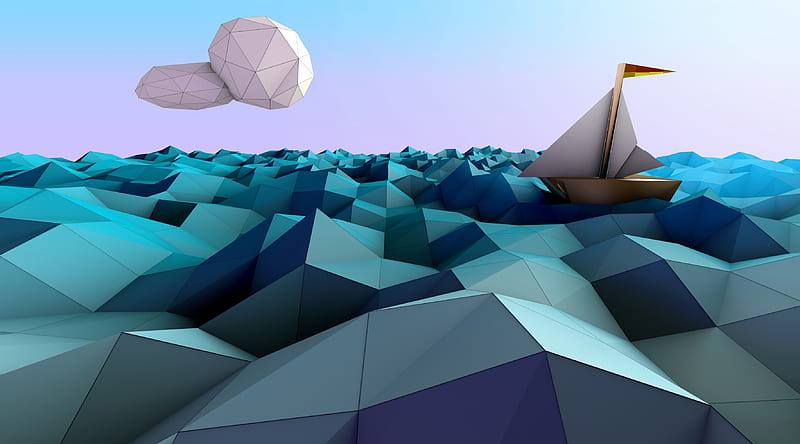 Sailing Boat, Sea, Low Poly Design Ultra, Artistic, 3D, Ocean, Blue, Cloud, Boat, Painting, cinema Polygon, frame, Sail, LowPoly, HD wallpaper