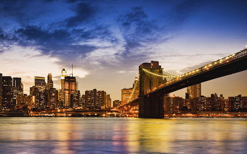 New York City, Manhattan Bridge, suspension bridge, East River, evening, sunset, Manhattan, Brooklyn, USA, HD wallpaper