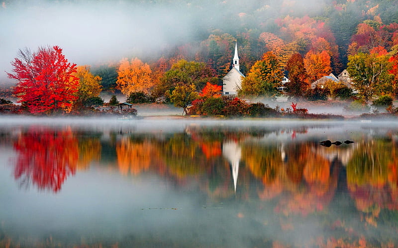 Fall reflections, forest, fall, autumn, colors, bonito, church, trees, clouds, lake, fog, mist, tranquil, serenity, island, reflection, HD wallpaper