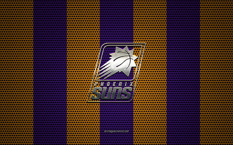 Phoenix Suns logo, American basketball club, metal emblem, purple-yellow metal mesh background, Phoenix Suns, NBA, Phoenix, Arizona, USA, basketball, HD wallpaper