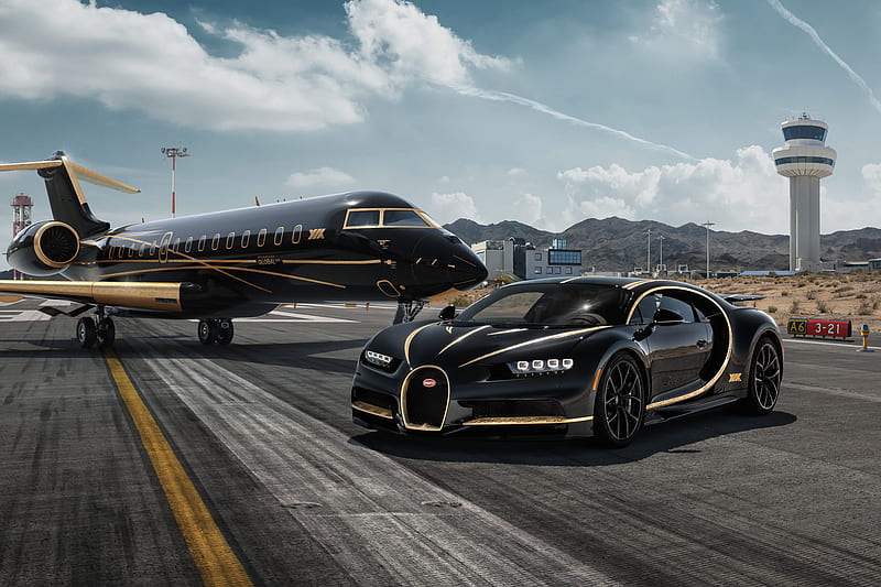 Bugatti Chiron And Private Jet, bugatti-chiron, bugatti, 2018-cars, artist, behance, HD wallpaper