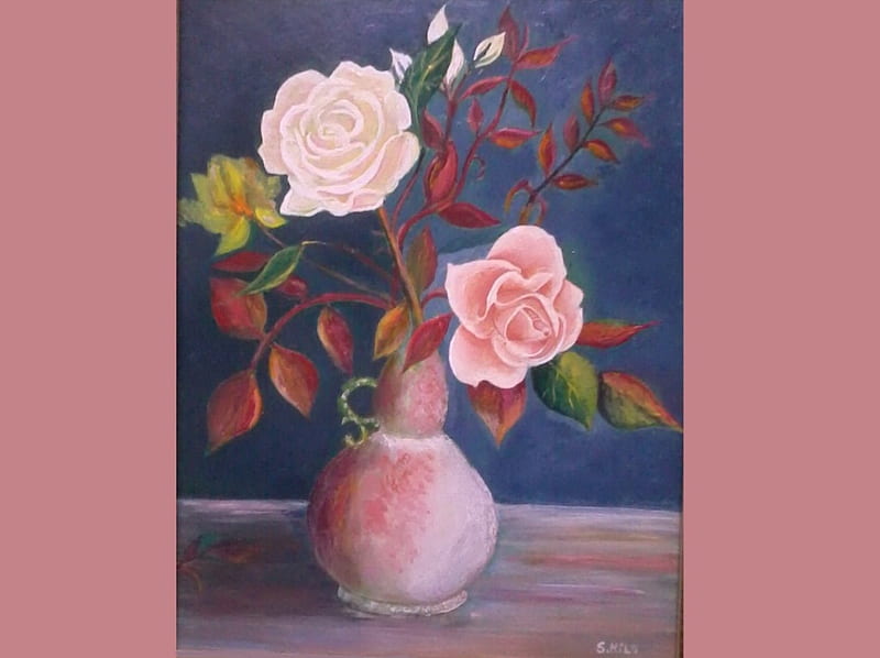 flowers still life painted by saad kilo, art, still life, oil paintings, vase, acrylic, nature, roses, abstracy, HD wallpaper