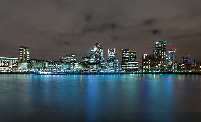 night city, buildings, lights, water, london, HD wallpaper
