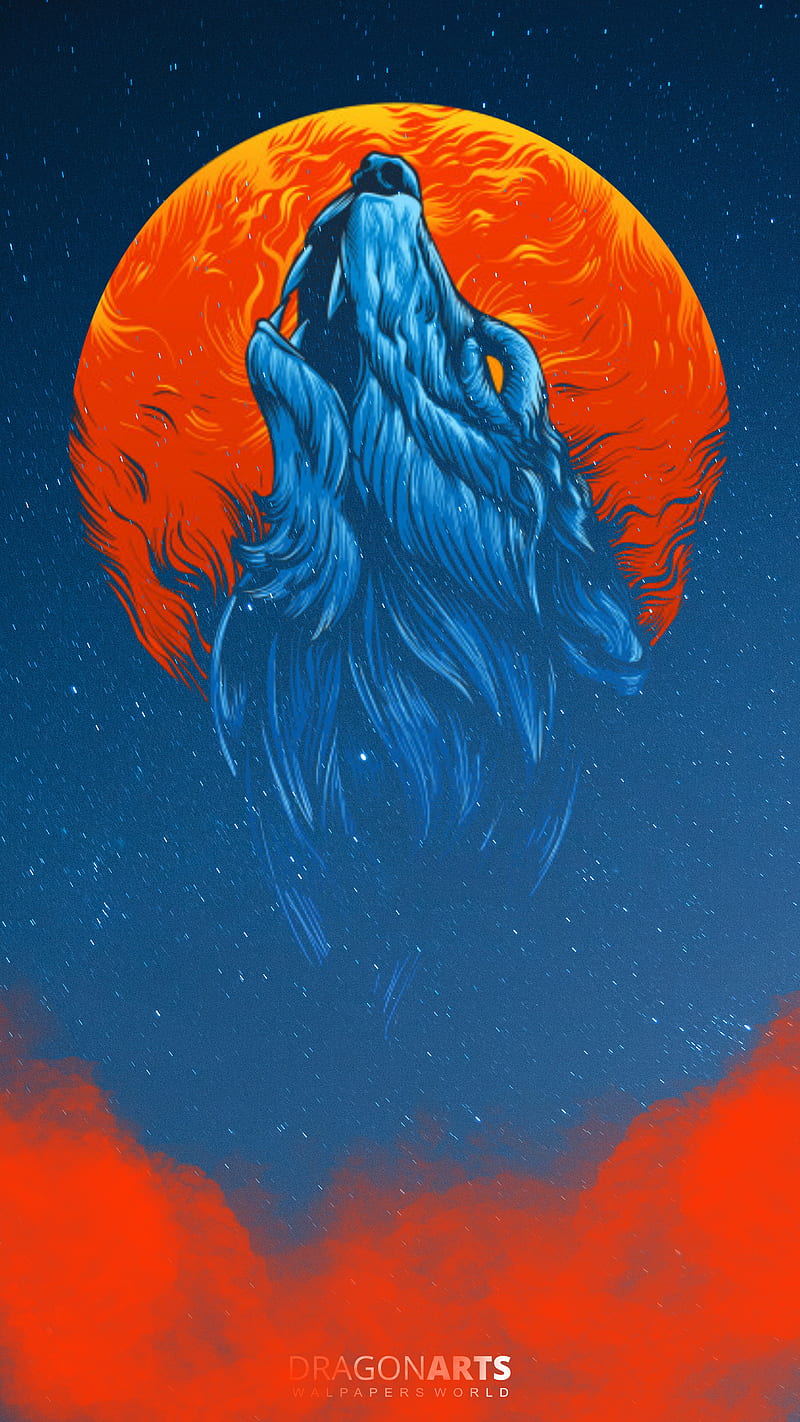 Wolf, dragonnarts, moon, orange smoke, sky, HD phone wallpaper