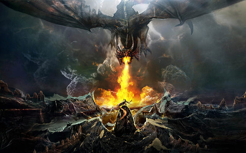dragon vs warrior battle, monster, art, fire, dragon, warrior, HD wallpaper