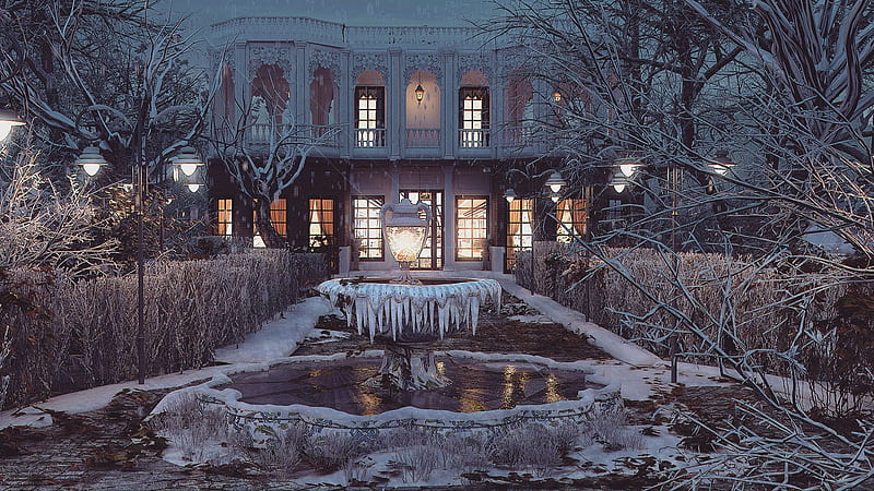 Frozen garden, world, fantasy, house, luminos, alireza davvari, mansion, winter, iarna, lights, HD wallpaper