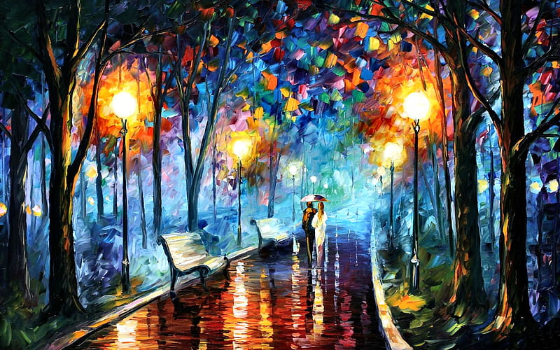 Misty Mood C, art, cityscape, bonito, park, abstract, illustration, artwork, Afremov, fractal, texture, painting, wide screen, scenery, HD wallpaper