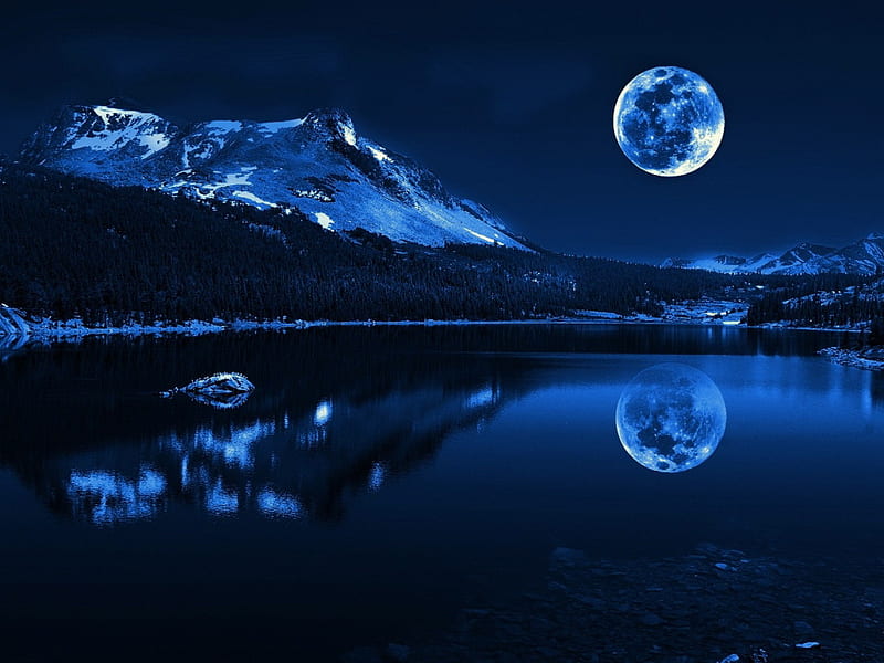 Sapphire moon, moon, water, mountains, peaks, reflections, blue, night, HD wallpaper