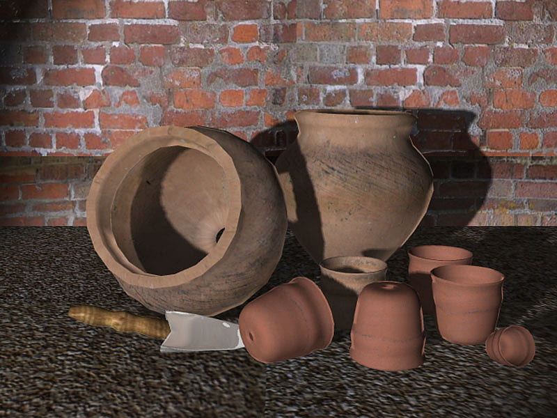 garden time, trowel, pots, clay, wall, HD wallpaper