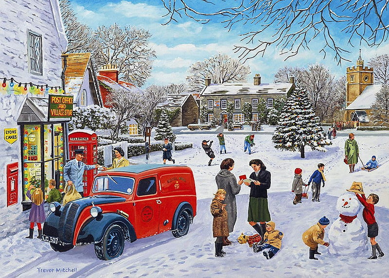 Village Christmas, christmas tree, snow, decoration, people, car, painting, artwork, post offive, HD wallpaper