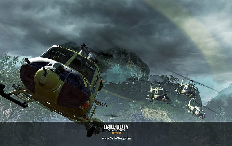 Call of Duty: Black Ops, black ops, formation, huey, helicopter, rockets, sky, clouds, rocket pods, lagoon, guns, cool, cod, jungle, call of duty, awesome, river, HD wallpaper