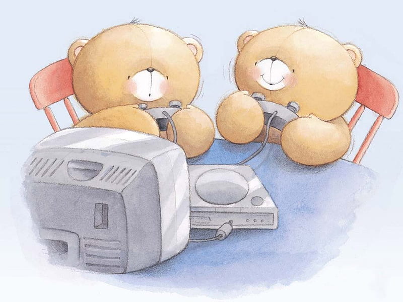 Bears Playing Games, table, teddy bears, playing games, computer, chairs, HD wallpaper