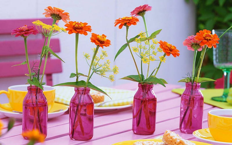 Zinnias and Fennel, table, bottle, Fennel, flowers, Zinnias, HD wallpaper