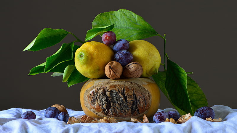 Food, Still Life, Lemon, Plum, Walnut, HD wallpaper