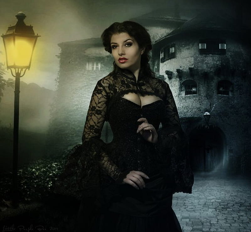 Lady in black, lamp, fantasy, dark, beauty, abstract, castle, lady ...