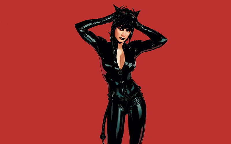 Catwoman, suit, Adam Hughes, characters, red background, Marvel Comics, patent leather, HD wallpaper